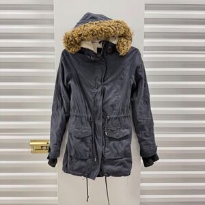 Aeropostale Womens XS Navy Blue Sherpa Lined Parka Jacket Faux Fur Hood